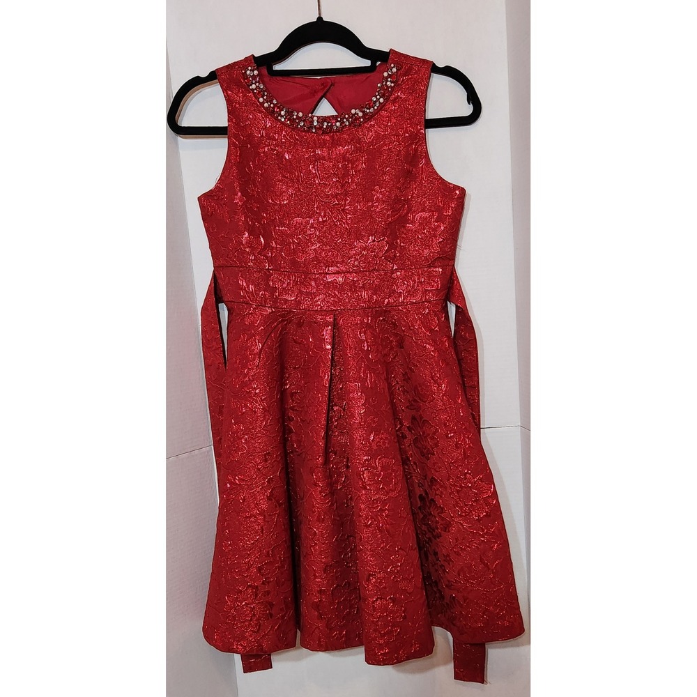Rare Editions Girls Red Metallic Floral Brocade Party Dress Beaded Neck Sz 16